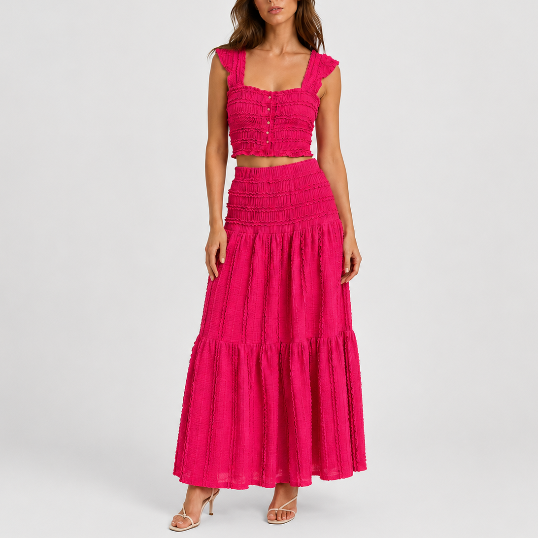 Women's Shirred Co Ord Set Crop Top Maxi Skirt