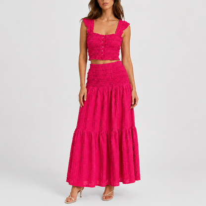 Women's Shirred Co Ord Set Crop Top Maxi Skirt