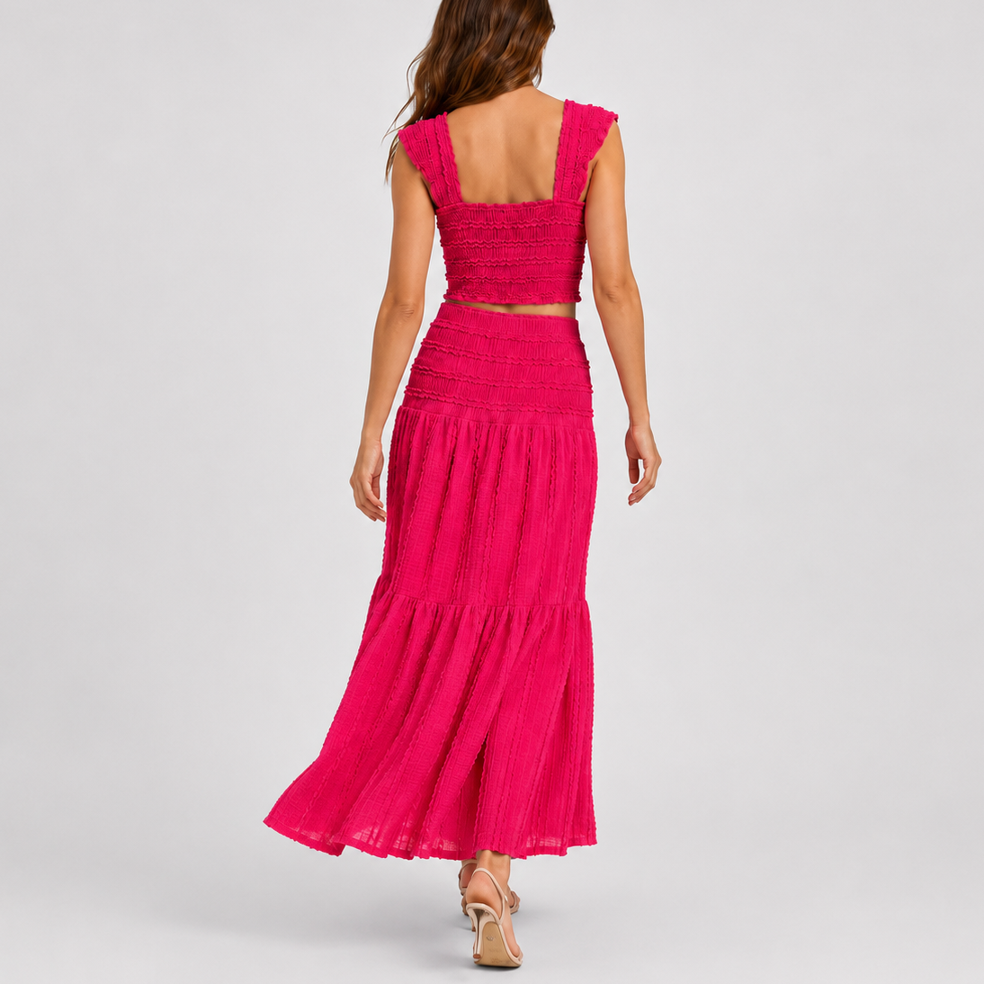 Women's Shirred Co Ord Set Crop Top Maxi Skirt