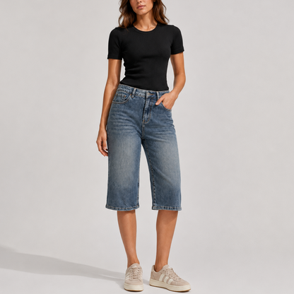 Women's Denim Bermuda Shorts High Waisted Knee Length Straight Leg – Everyday Casual Fit UK
