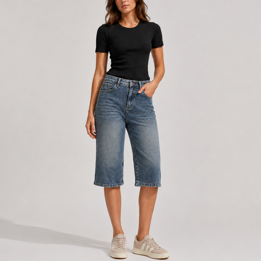Women's Denim Bermuda Shorts High Waisted Knee Length Straight Leg – Everyday Casual Fit UK