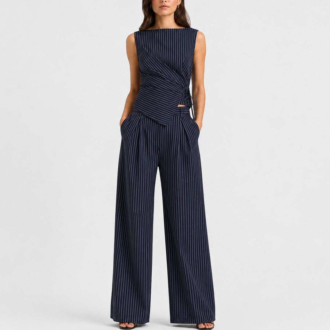 Women's Pinstripe Co Ord Set Wrap Top Wide Leg Trousers