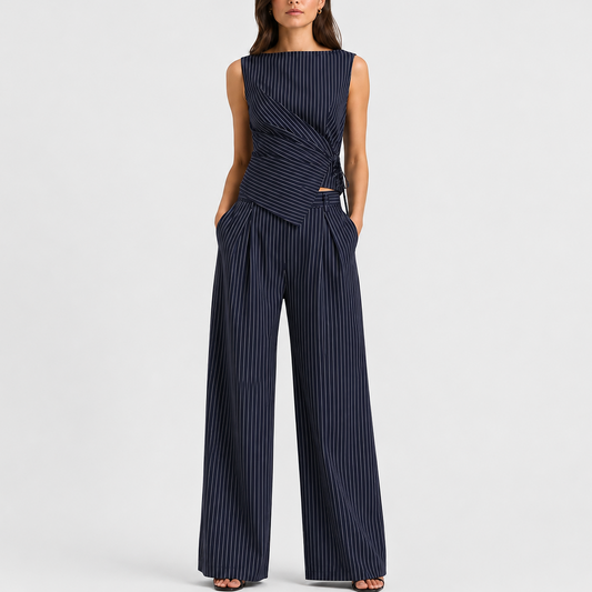 Women's Pinstripe Co Ord Set Wrap Top Wide Leg Trousers