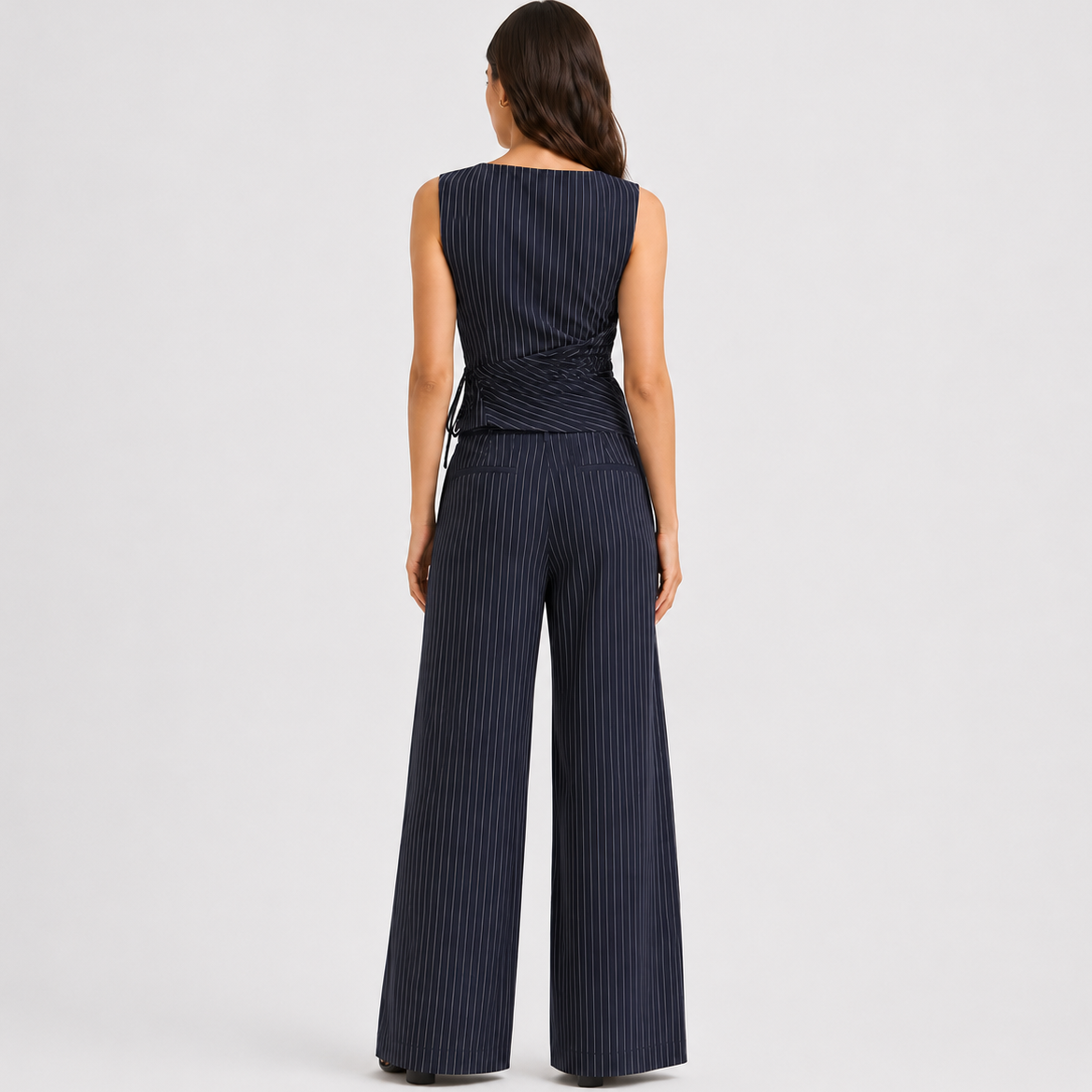 Women's Pinstripe Co Ord Set Wrap Top Wide Leg Trousers