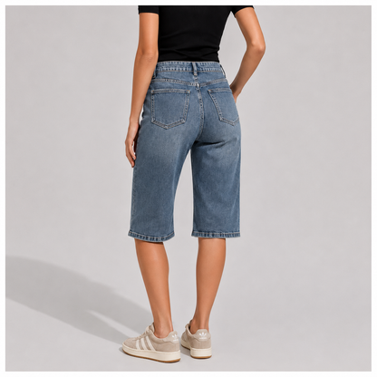 Women's Denim Bermuda Shorts High Waisted Knee Length Straight Leg – Everyday Casual Fit UK