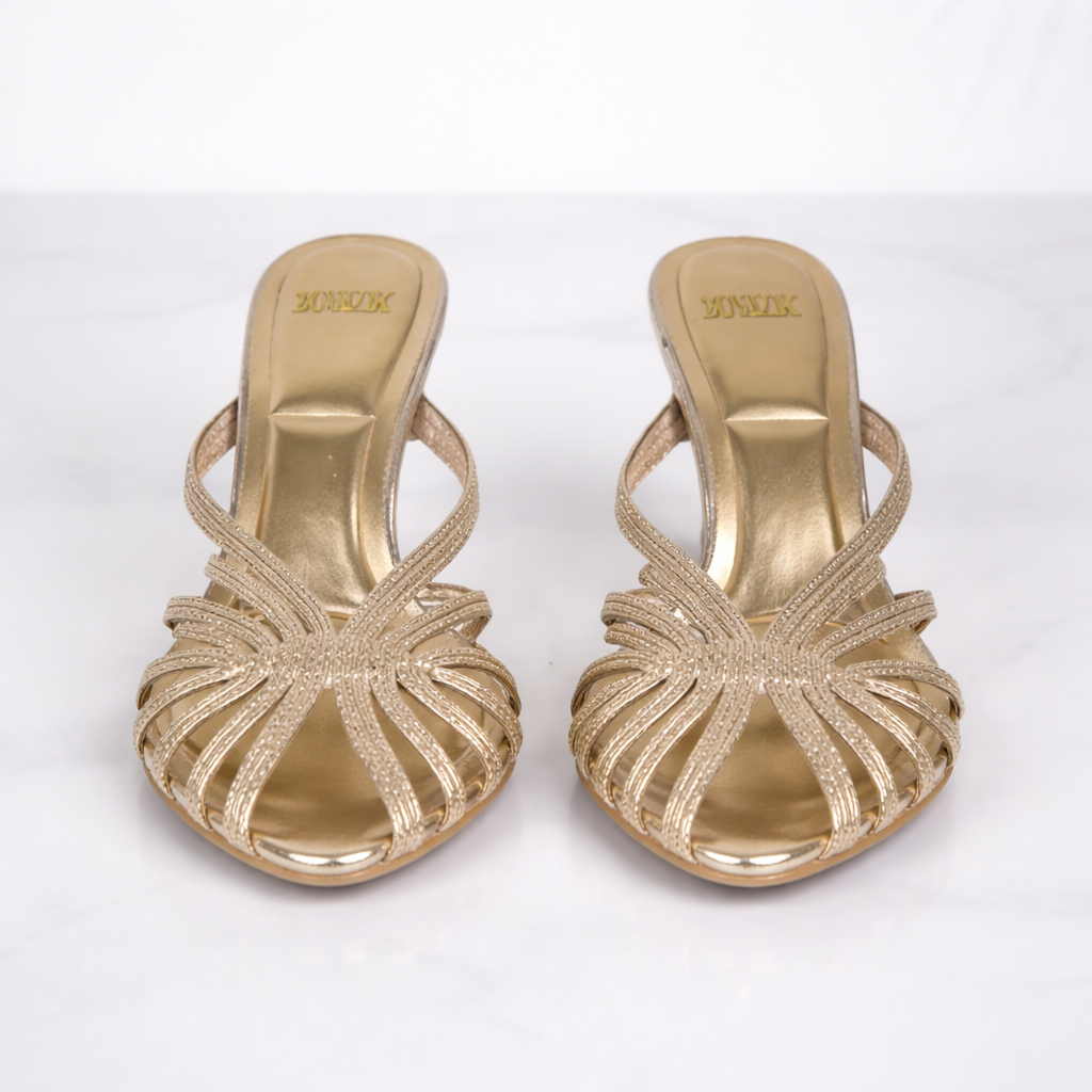 Women’s Gold Strappy Mule Heels – Stylish Open Toe – Comfortable All-Day Heel