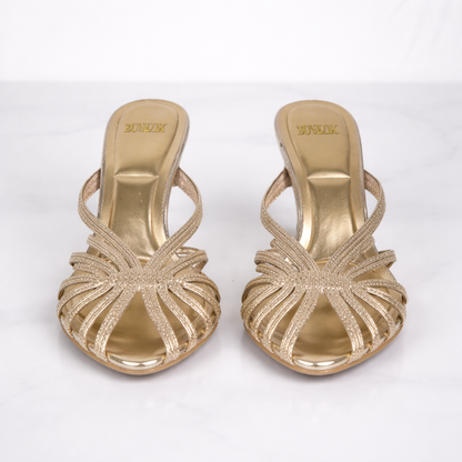 Women’s Gold Strappy Mule Heels – Stylish Open Toe – Comfortable All-Day Heel