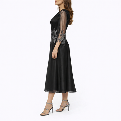 Women's Elegant Midi Dress – Flowing Fit with Sheer Sleeve Detail
