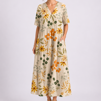 Women's Floral Midi Dress with V-Neck and Short Sleeves