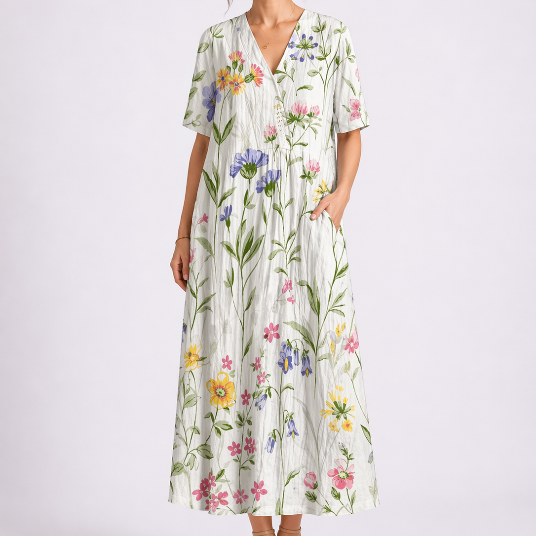 Women's Floral Midi Dress with V-Neck and Short Sleeves