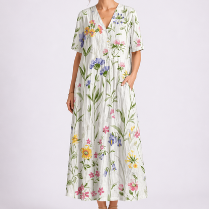 Women's Floral Midi Dress with V-Neck and Short Sleeves