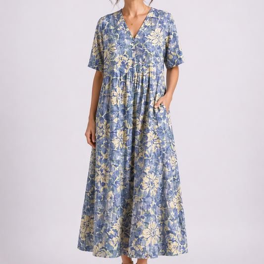 Women's Floral Midi Dress with V-Neck and Short Sleeves
