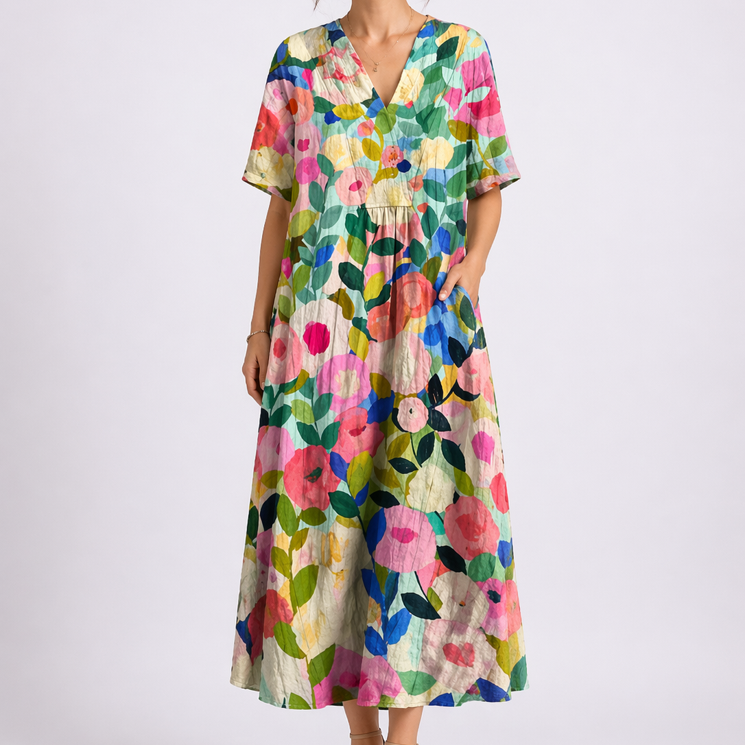 Women's Floral Midi Dress with V-Neck and Short Sleeves