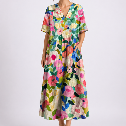 Women's Floral Midi Dress with V-Neck and Short Sleeves