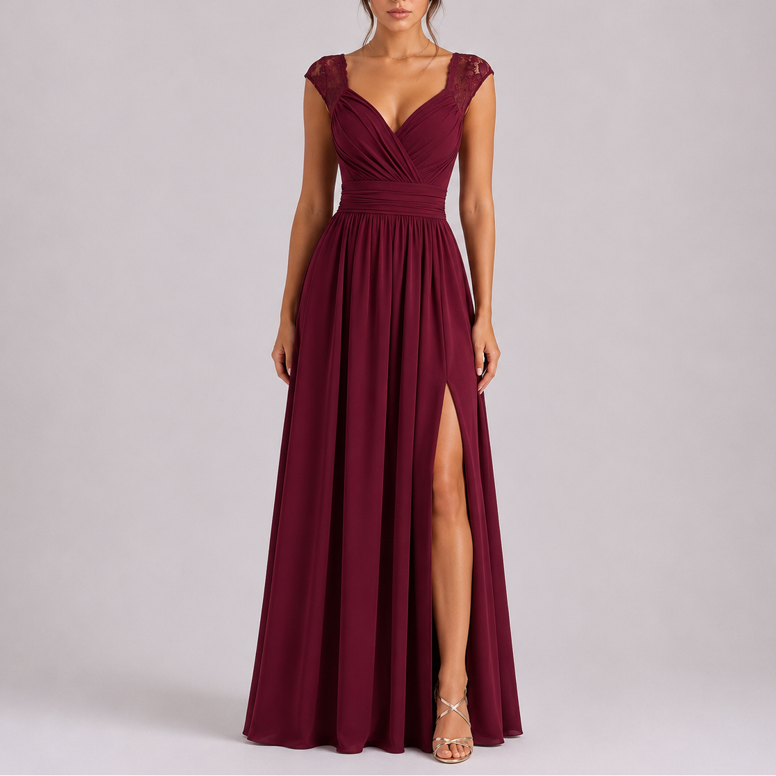 Women’s Stylish Lace Shoulder Maxi Dress with Side Slit – Elegant Occasion Wear UK