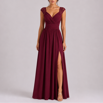 Women’s Stylish Lace Shoulder Maxi Dress with Side Slit – Elegant Occasion Wear UK