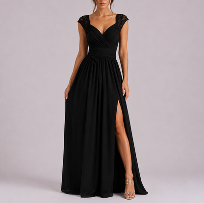 Women’s Stylish Lace Shoulder Maxi Dress with Side Slit – Elegant Occasion Wear UK