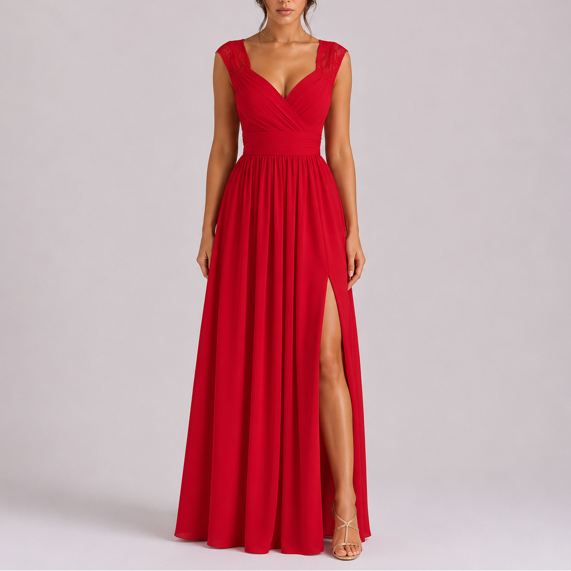 Women’s Stylish Lace Shoulder Maxi Dress with Side Slit – Elegant Occasion Wear UK
