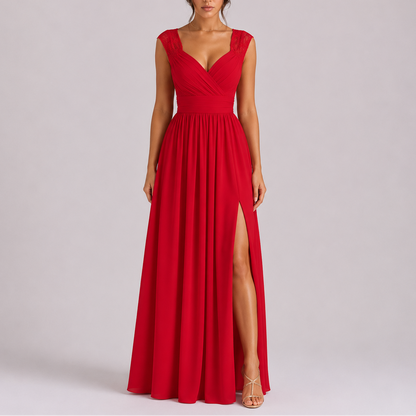 Women’s Stylish Lace Shoulder Maxi Dress with Side Slit – Elegant Occasion Wear UK