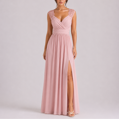 Women’s Stylish Lace Shoulder Maxi Dress with Side Slit – Elegant Occasion Wear UK