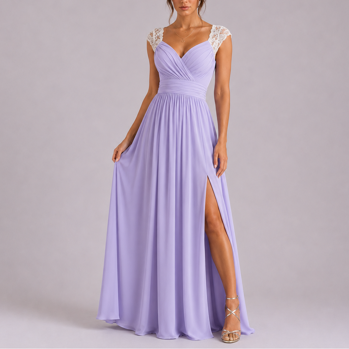 Women’s Stylish Lace Shoulder Maxi Dress with Side Slit – Elegant Occasion Wear UK
