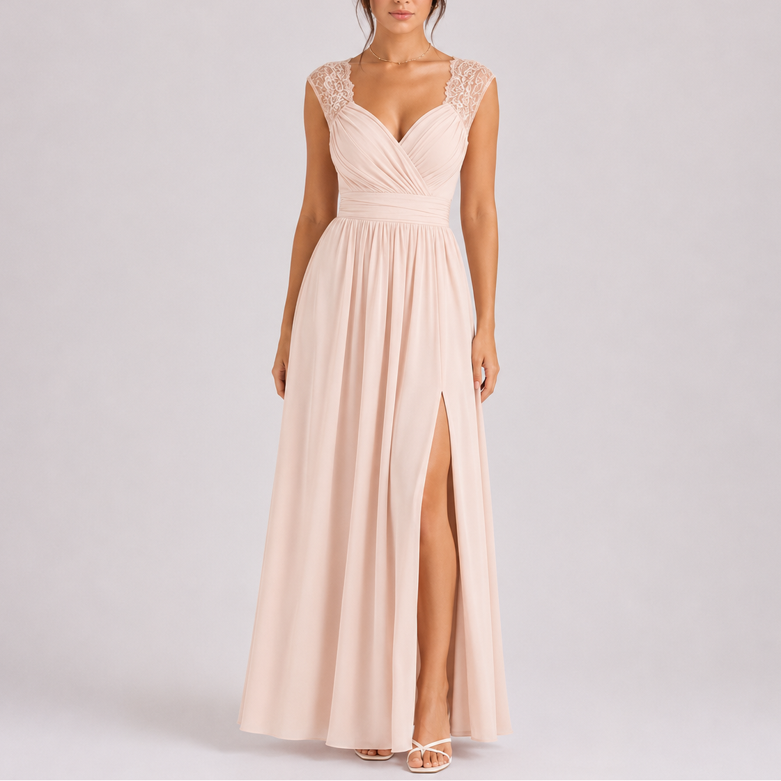 Women’s Stylish Lace Shoulder Maxi Dress with Side Slit – Elegant Occasion Wear UK