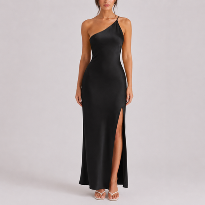 Women’s Stylish One-Shoulder Satin Maxi Dress – Flattering Fit for Women