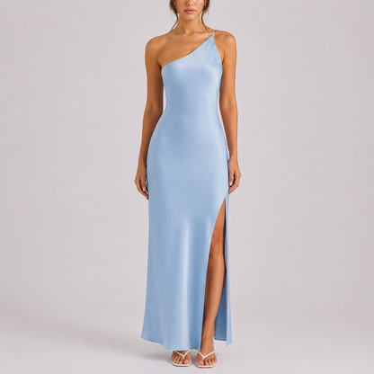 Women’s Stylish One-Shoulder Satin Maxi Dress – Flattering Fit for Women