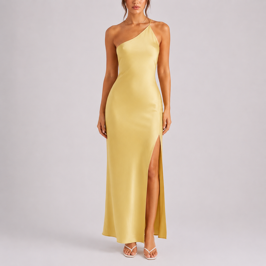Women’s Stylish One-Shoulder Satin Maxi Dress – Flattering Fit for Women