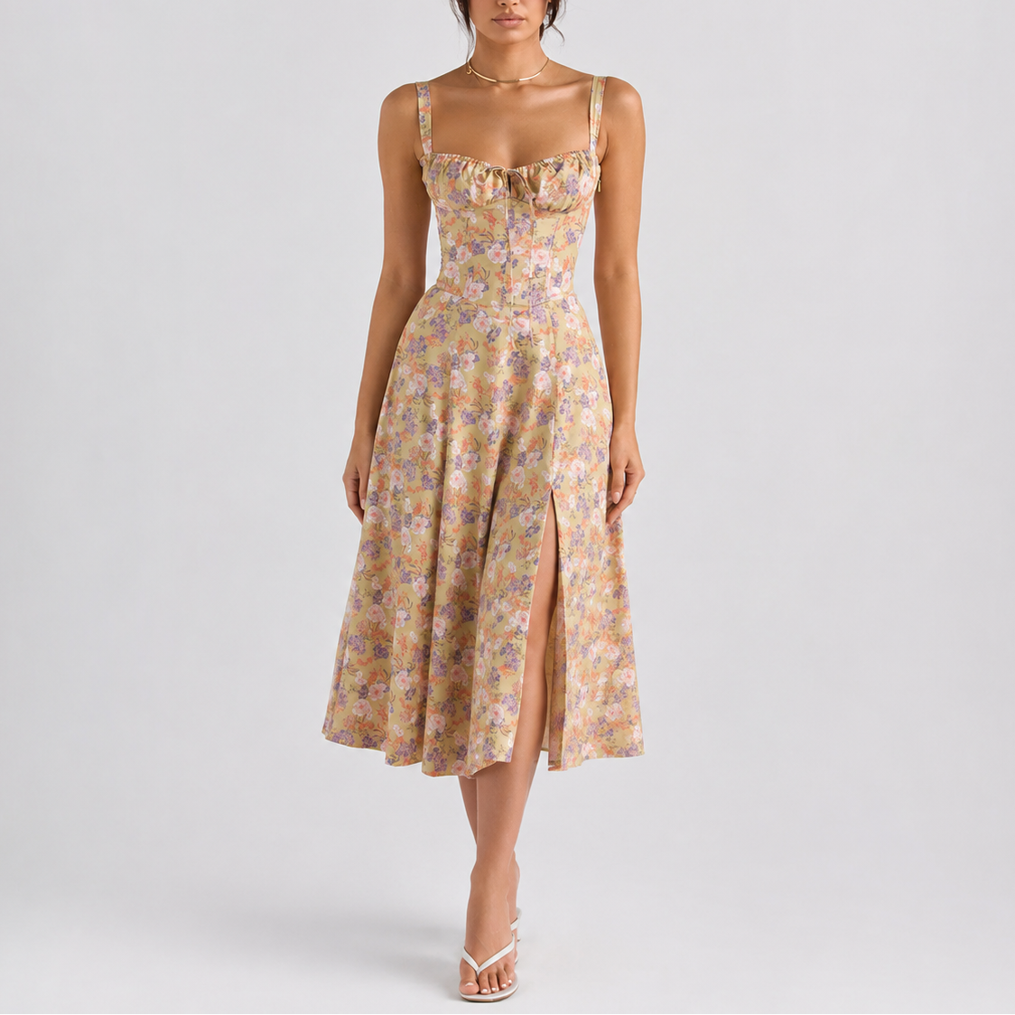 Women’s Stylish Corset Midi Dress with Ruched Bust – Effortless Everyday Style