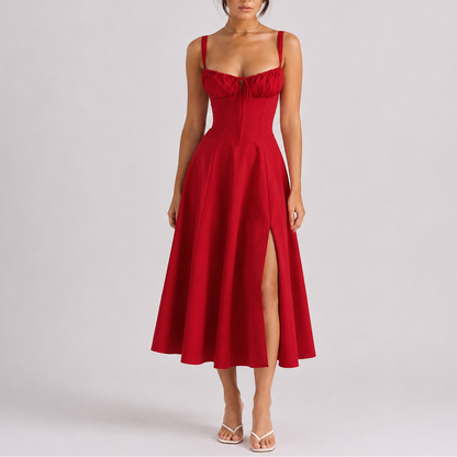 Women’s Stylish Corset Midi Dress with Ruched Bust – Effortless Everyday Style