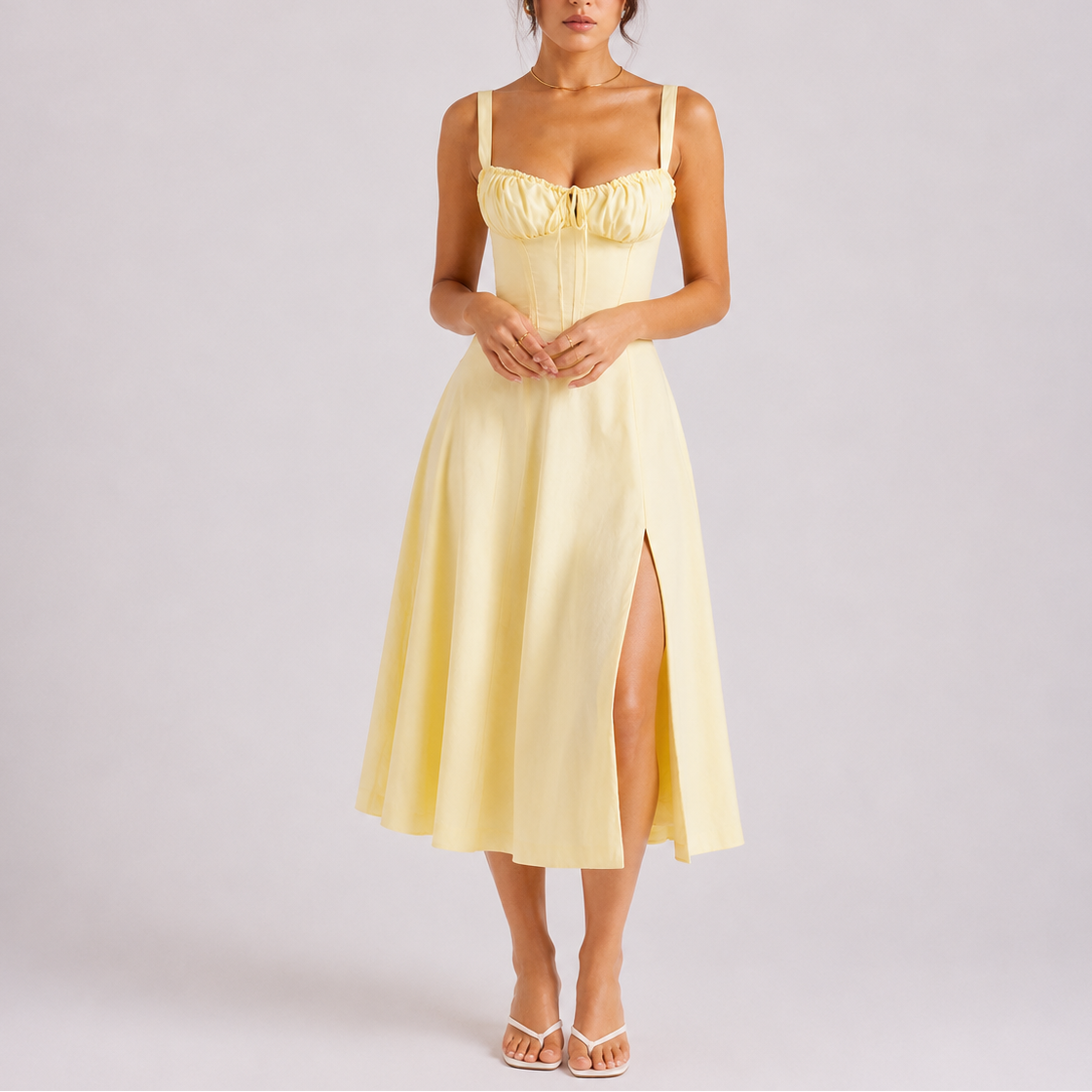 Women’s Stylish Corset Midi Dress with Ruched Bust – Effortless Everyday Style