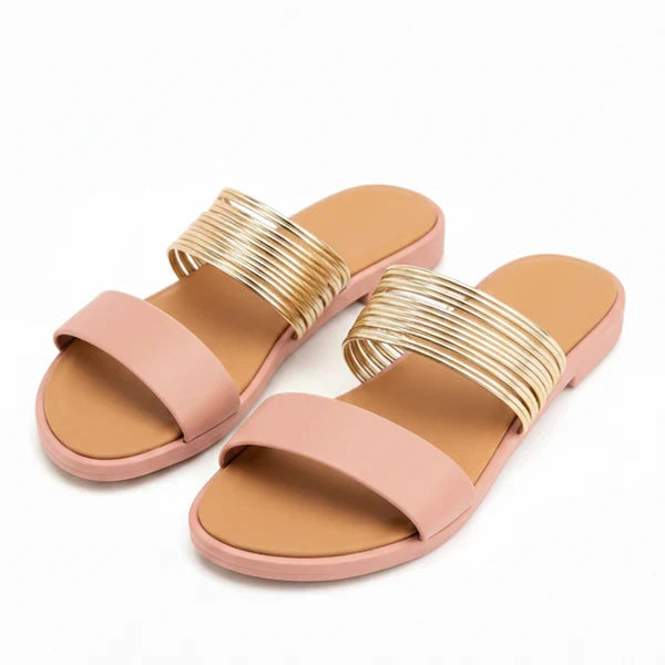 Women’s Flat Slide Sandals with Multi Strap Metallic Design – Everyday Walking Comfort