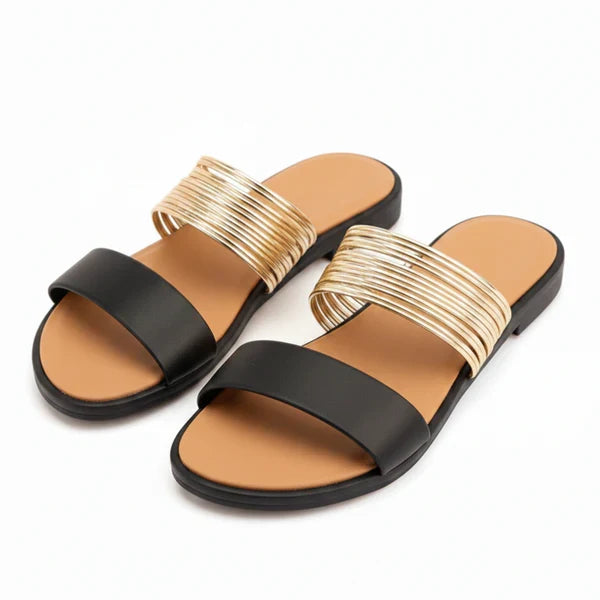 Women’s Flat Slide Sandals with Multi Strap Metallic Design – Everyday Walking Comfort