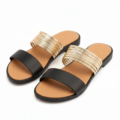 Women’s Flat Slide Sandals with Multi Strap Metallic Design – Everyday Walking Comfort