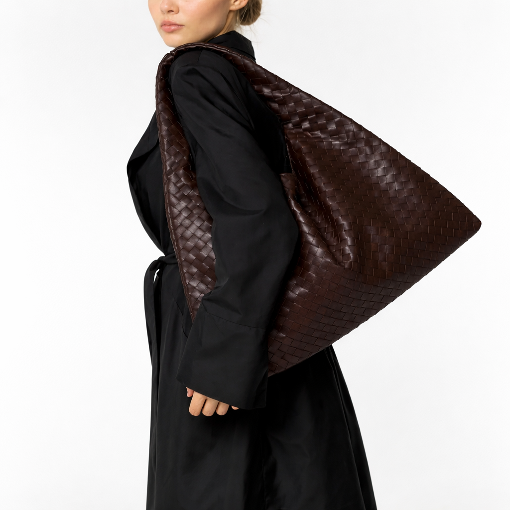 Luxury Woven Shoulder Tote – Soft Vegan Leather Everyday Bag – Spacious Everyday Carryall