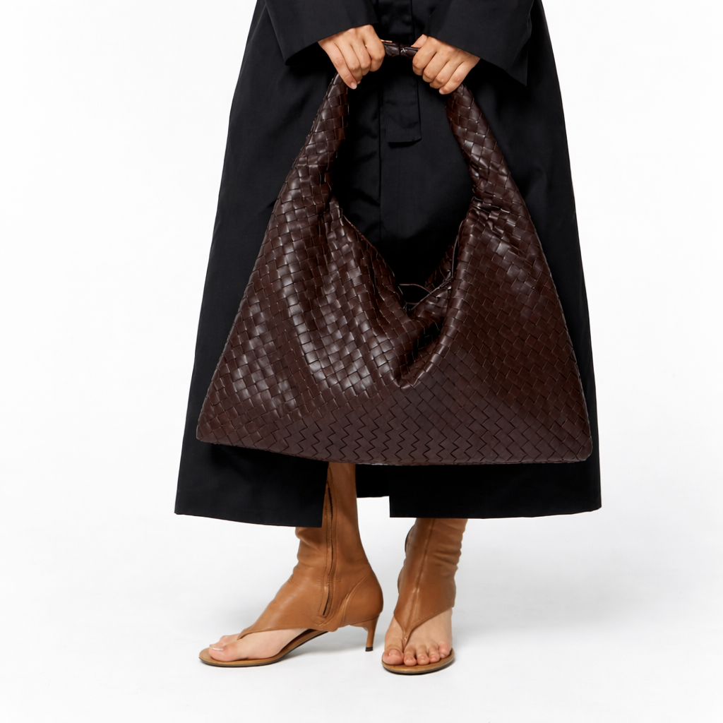 Luxury Woven Shoulder Tote – Soft Vegan Leather Everyday Bag – Spacious Everyday Carryall