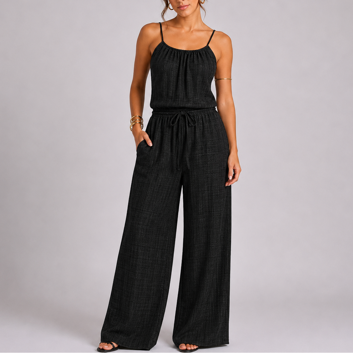 Women’s Everyday Spaghetti Strap Wide Leg Jumpsuit with Drawstring Waist – Coordinated Outfit for Women