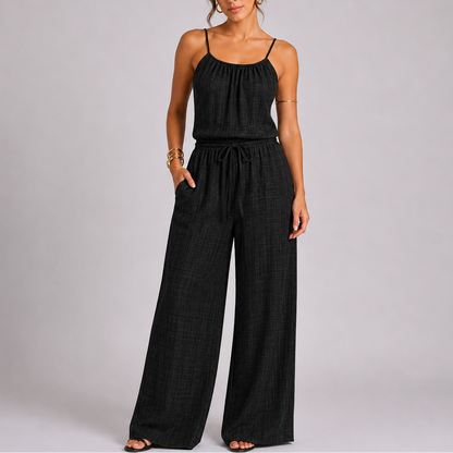 Women’s Everyday Spaghetti Strap Wide Leg Jumpsuit with Drawstring Waist – Coordinated Outfit for Women