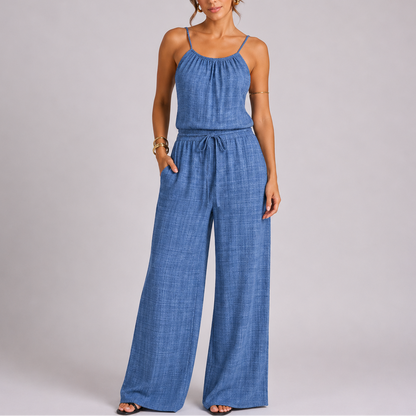 Women’s Everyday Spaghetti Strap Wide Leg Jumpsuit with Drawstring Waist – Coordinated Outfit for Women