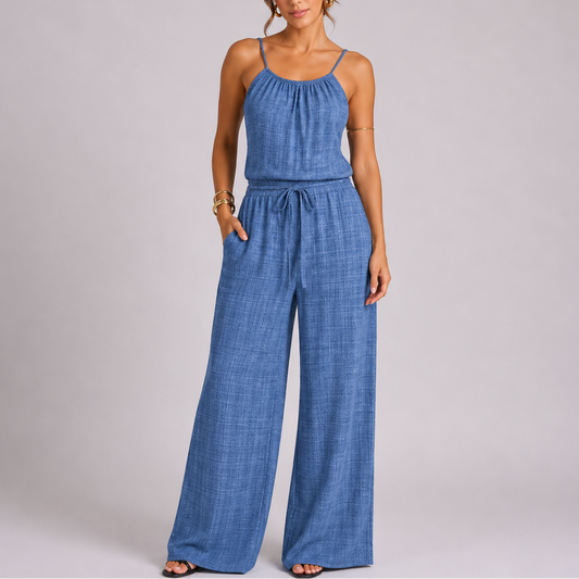 Women’s Everyday Spaghetti Strap Wide Leg Jumpsuit with Drawstring Waist – Coordinated Outfit for Women