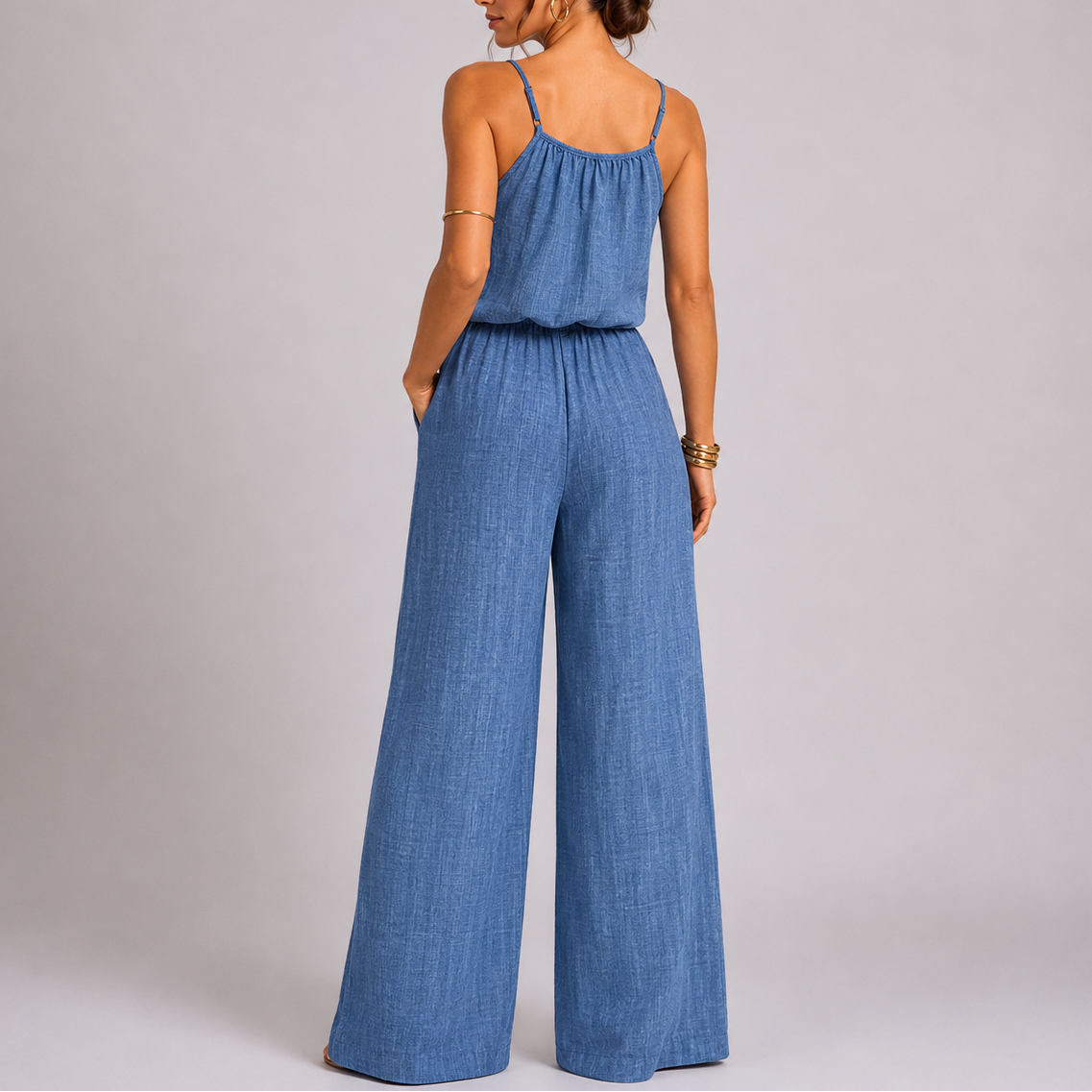 Women’s Everyday Spaghetti Strap Wide Leg Jumpsuit with Drawstring Waist – Coordinated Outfit for Women