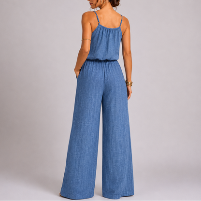 Women’s Everyday Spaghetti Strap Wide Leg Jumpsuit with Drawstring Waist – Coordinated Outfit for Women
