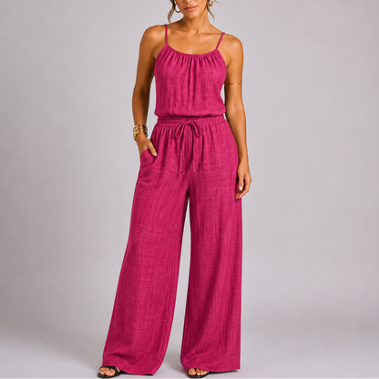 Women’s Everyday Spaghetti Strap Wide Leg Jumpsuit with Drawstring Waist – Coordinated Outfit for Women