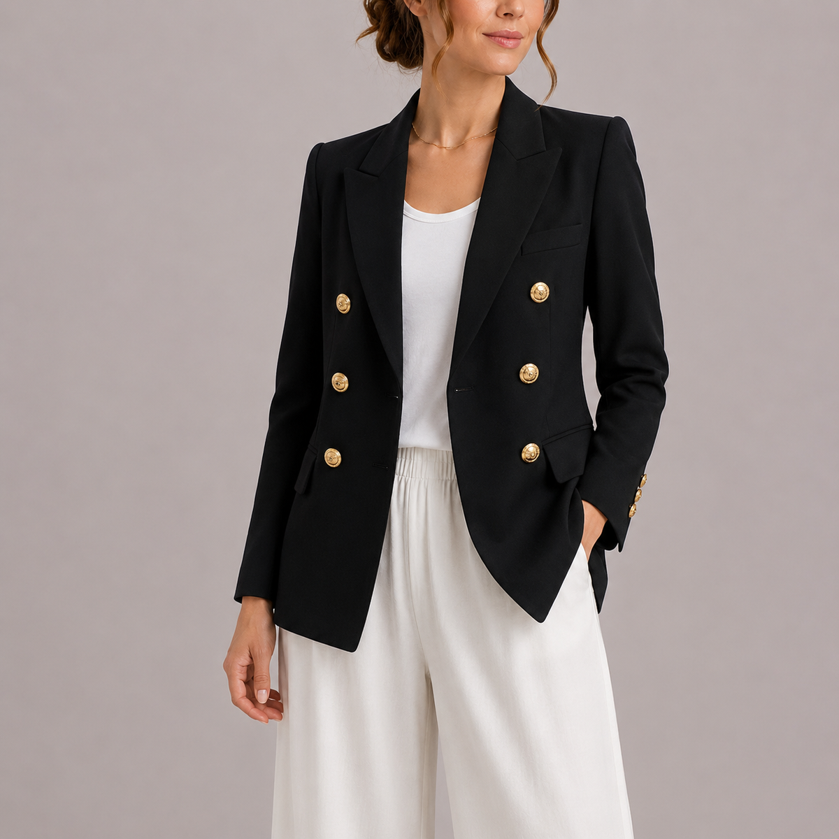 Women's Elegant Double-Breasted Blazer with Gold Buttons – Timeless Tailored Outerwear