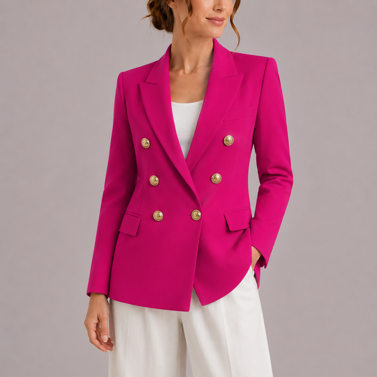 Women's Elegant Double-Breasted Blazer with Gold Buttons – Timeless Tailored Outerwear