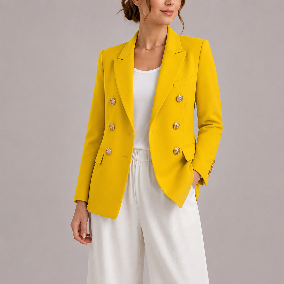 Women's Elegant Double-Breasted Blazer with Gold Buttons – Timeless Tailored Outerwear