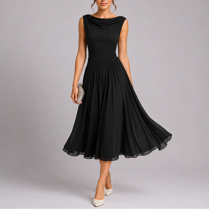 Women's Stylish Pleated Midi Dress with Draped Neckline – Elegant Occasion Wear UK