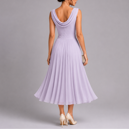 Women's Stylish Pleated Midi Dress with Draped Neckline – Elegant Occasion Wear UK