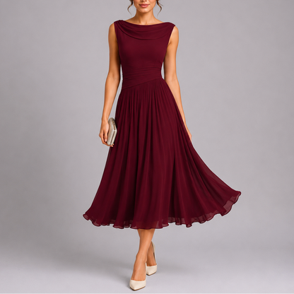 Women's Stylish Pleated Midi Dress with Draped Neckline – Elegant Occasion Wear UK